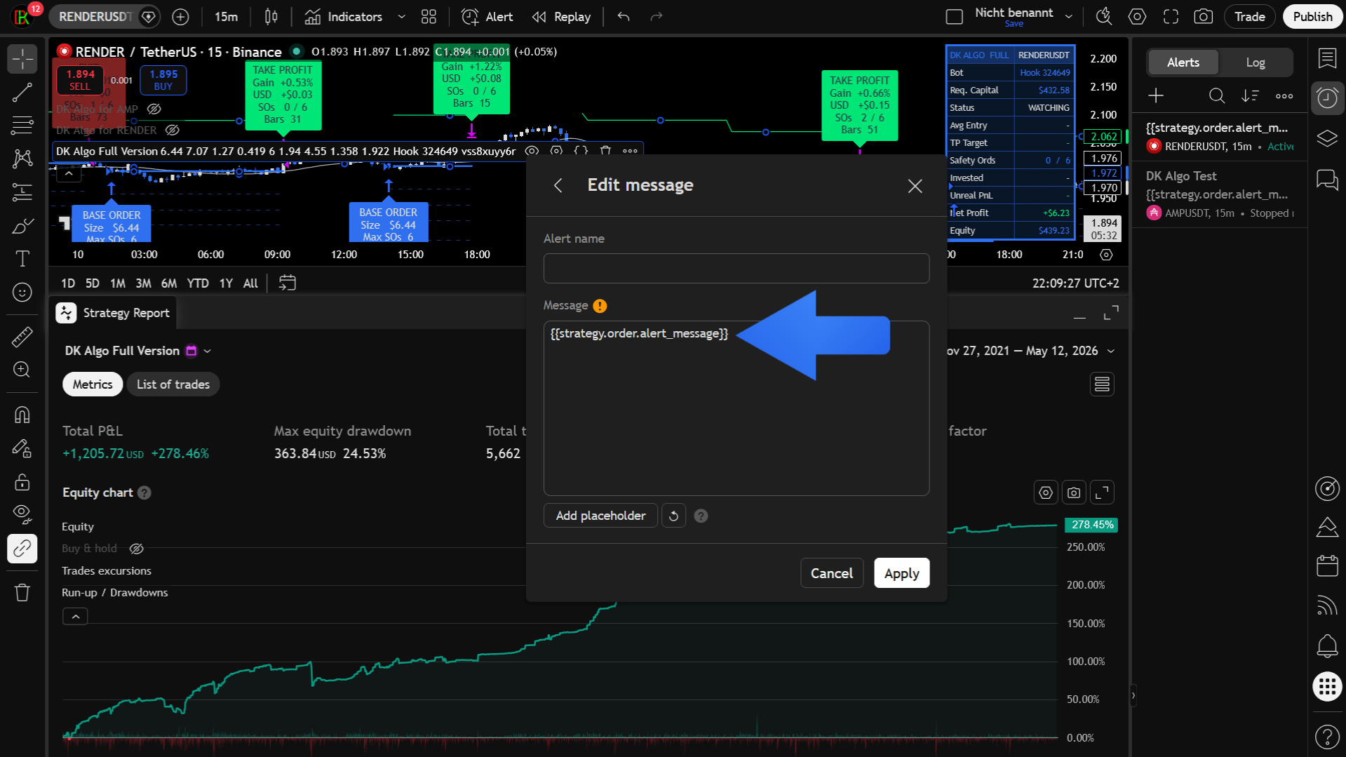 TradingView strategy alert Message field with strategy order alert message placeholder